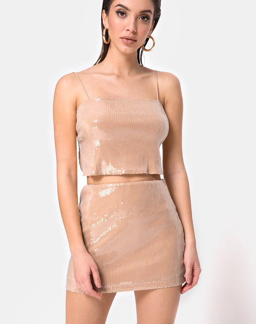 Kimmy Bodycon Rock in Camel mit durchsichtigen Pailletten