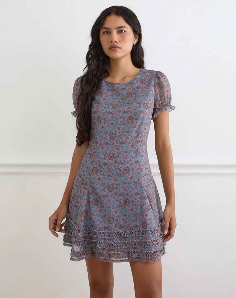 Koharu Mini Dress in Shadow Blossom Blue Chiffon - Image 5