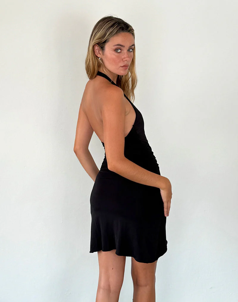 Kyrie Wickelkleid mit Neckholder aus glattem Schwarz - Image 4