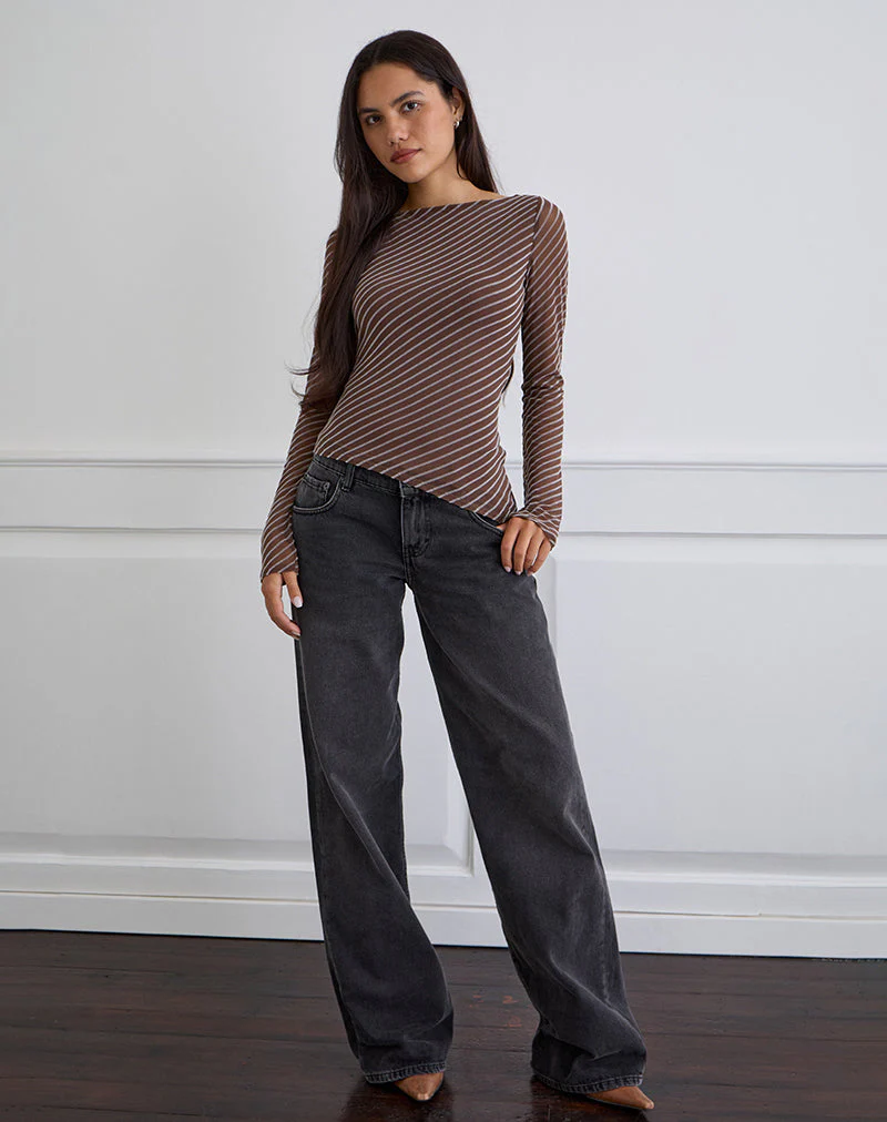 Lakya Langarm-Top in Diagonalstreifen beflockt Braun und Creme - Image 2
