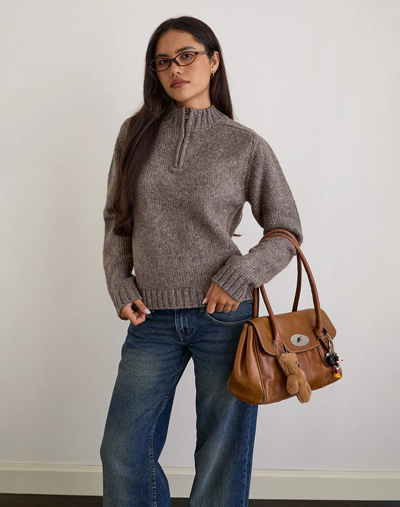 Lamara Quater Zip Pullover in Dunkelbraun Marl - Image 2