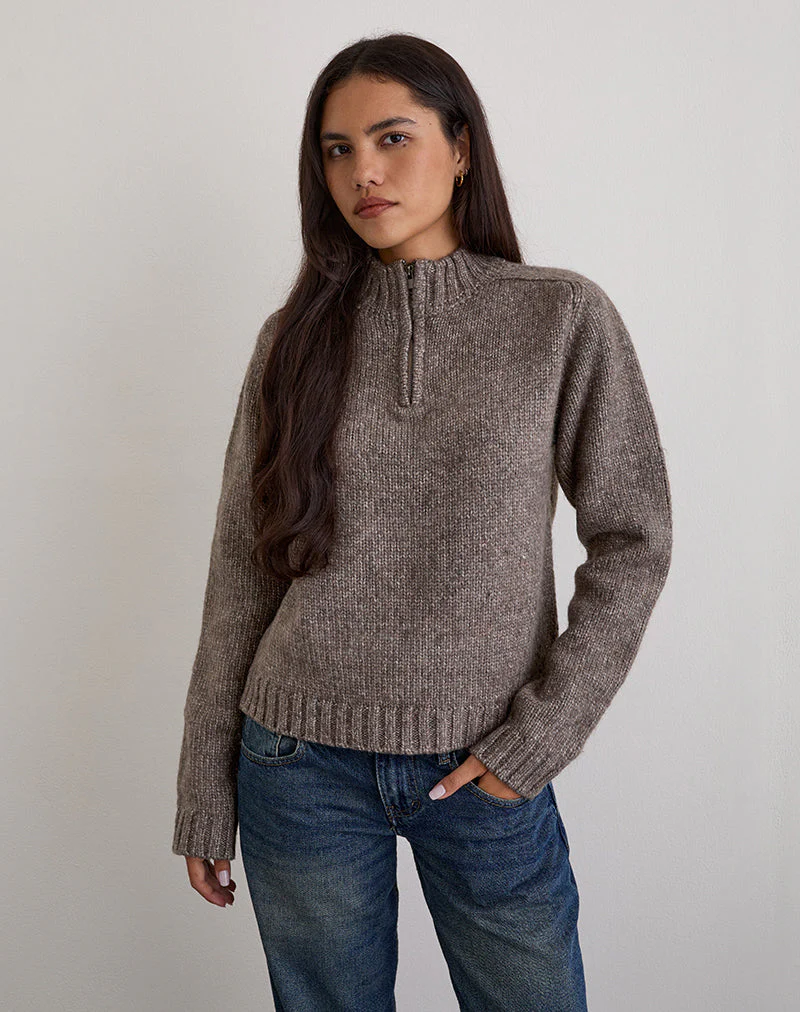 Lamara Quater Zip Pullover in Dunkelbraun Marl - Image 3