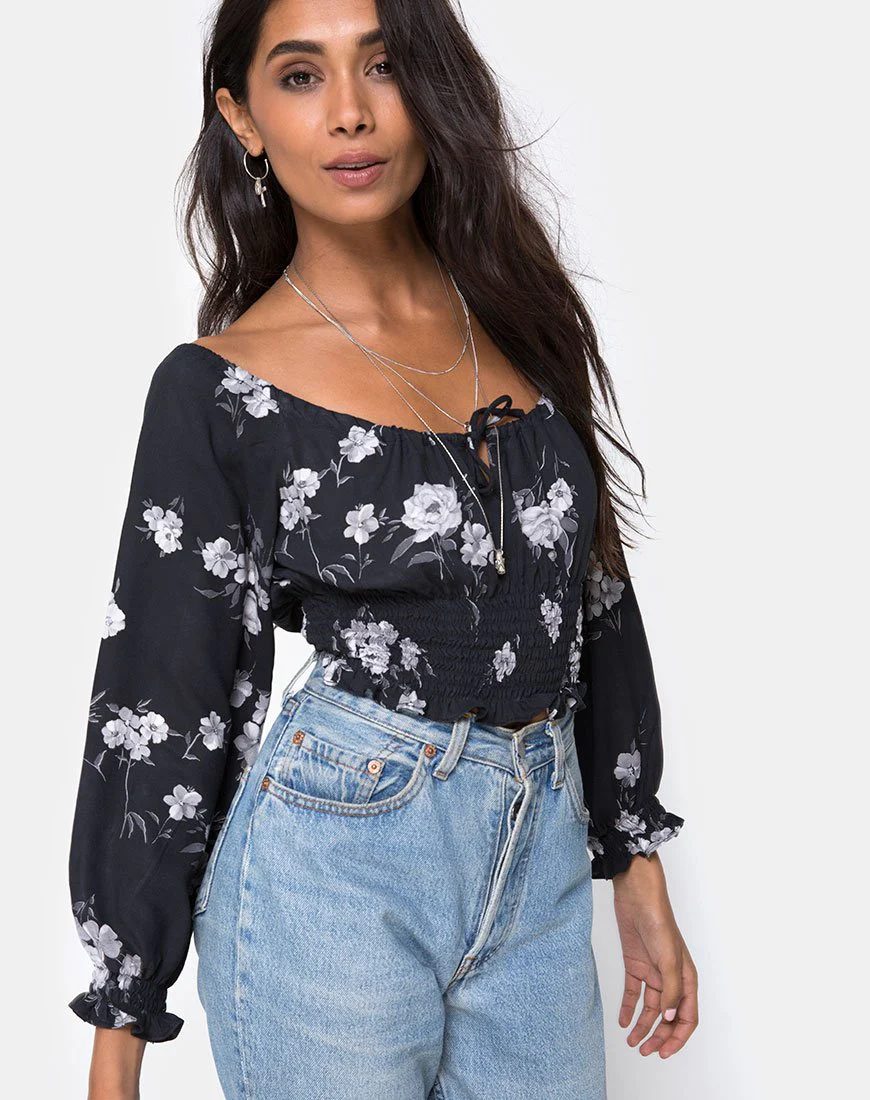 Lancer Crop Top in Mono Flower Schwarz