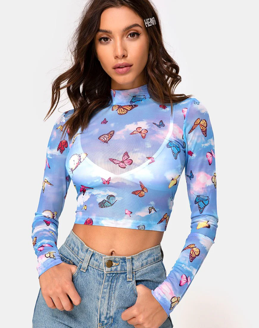 Lara Top aus Mesh Blau Schmetterling