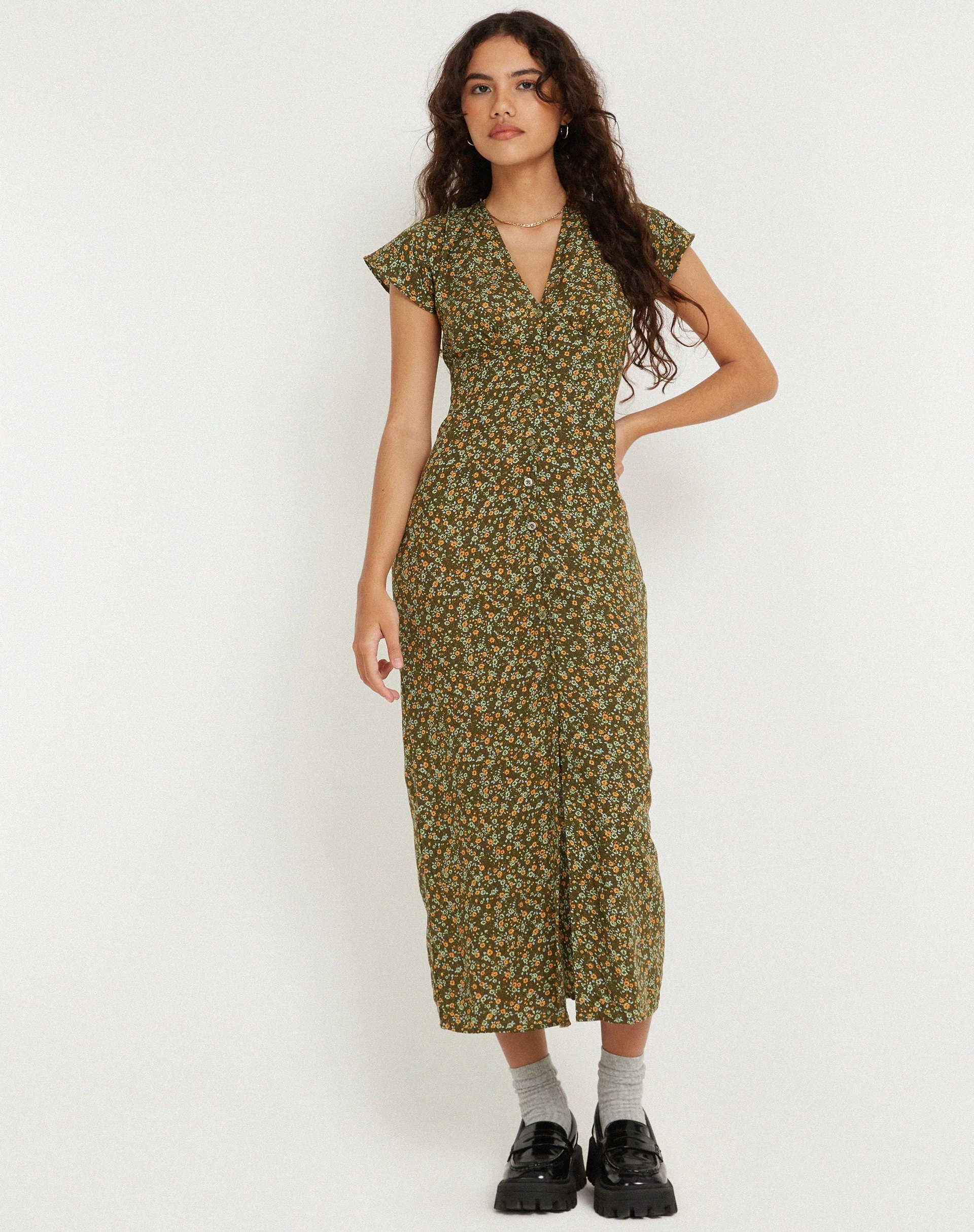 Larin Midikleid in Khaki mit Grunge-Blumenmuster