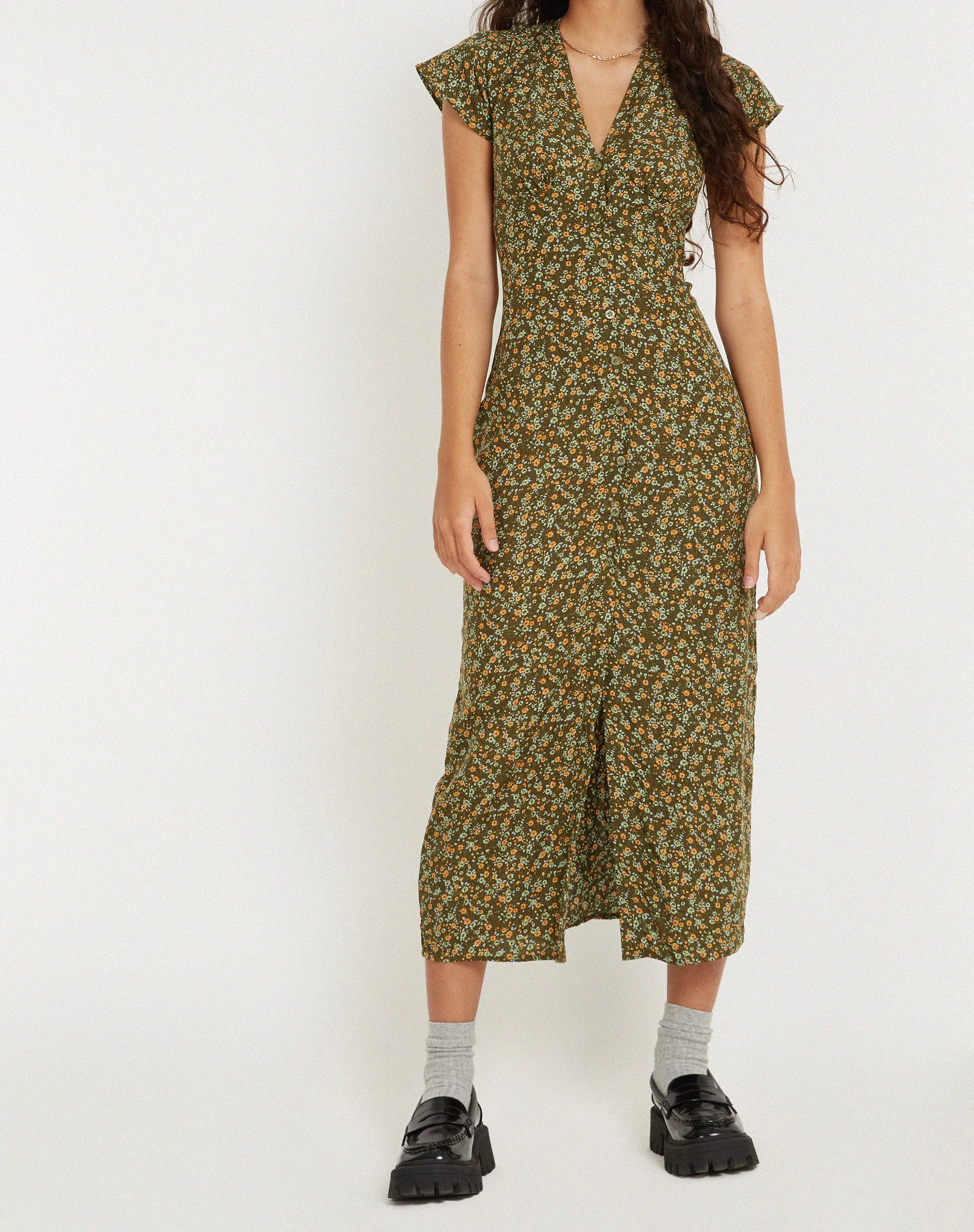Larin Midikleid in Khaki mit Grunge-Blumenmuster - Image 2