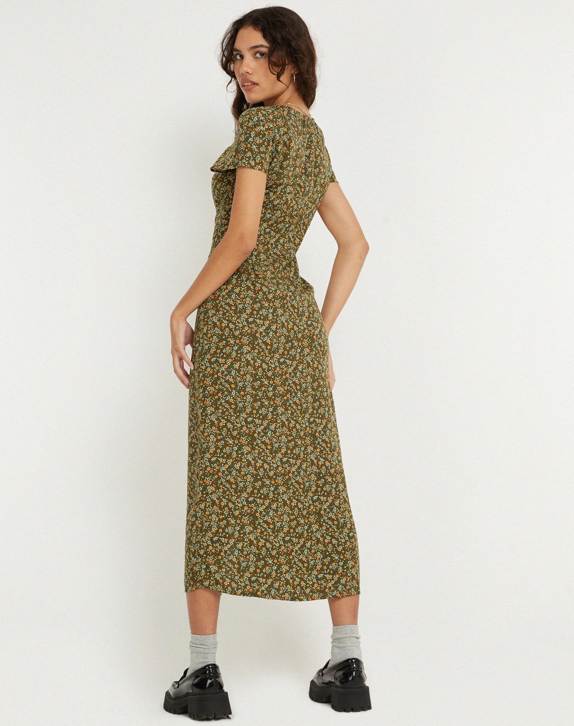 Larin Midikleid in Khaki mit Grunge-Blumenmuster - Image 3