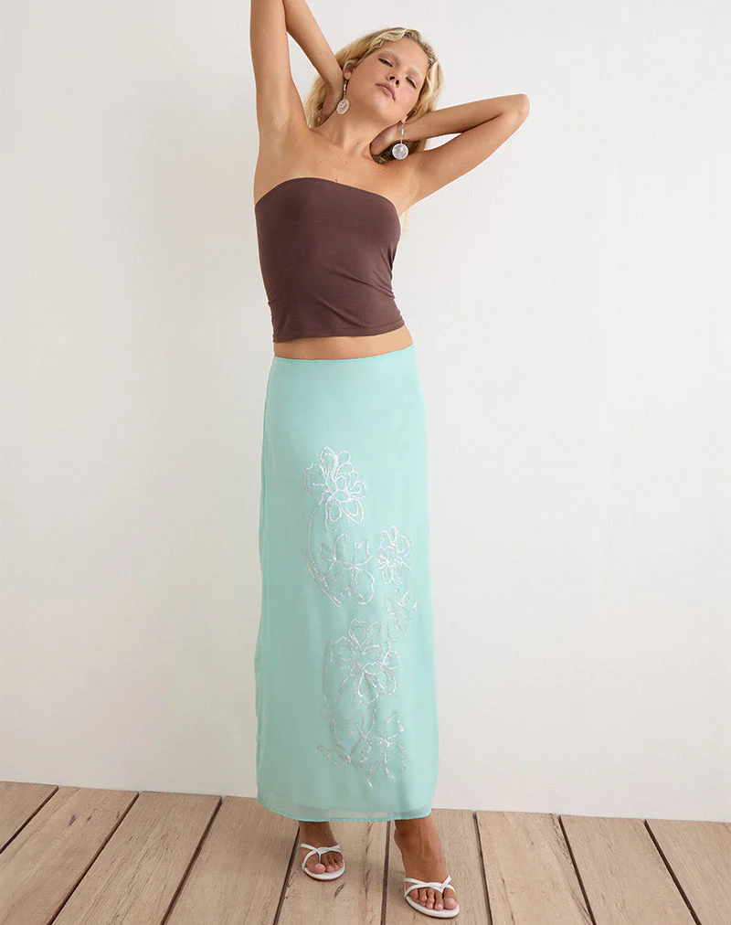 Larina Maxi Skirt in Chiffon Floral Sequin Turquoise - Image 3