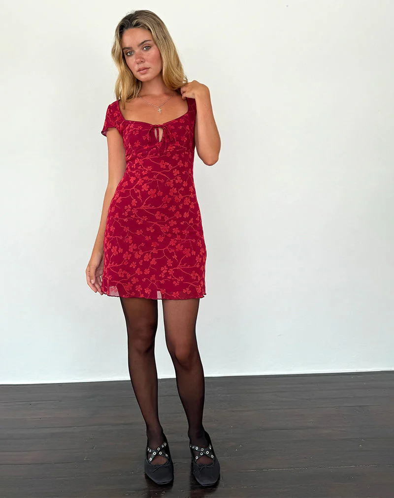 Lashka Minikleid in Rot Grunge Floral Flock - Image 4