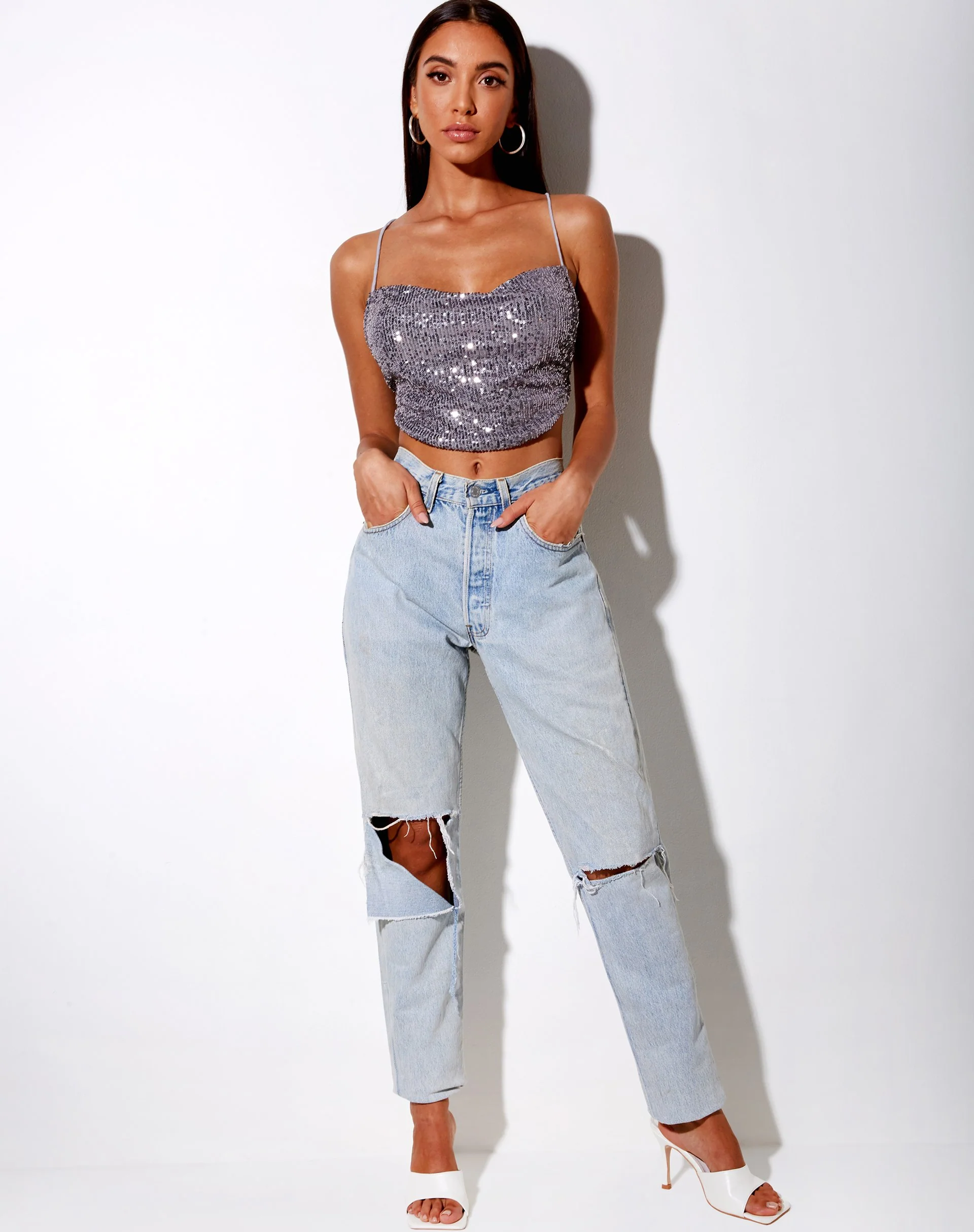 Laxmi Crop Top aus Drape Pailletten Silber - Image 3