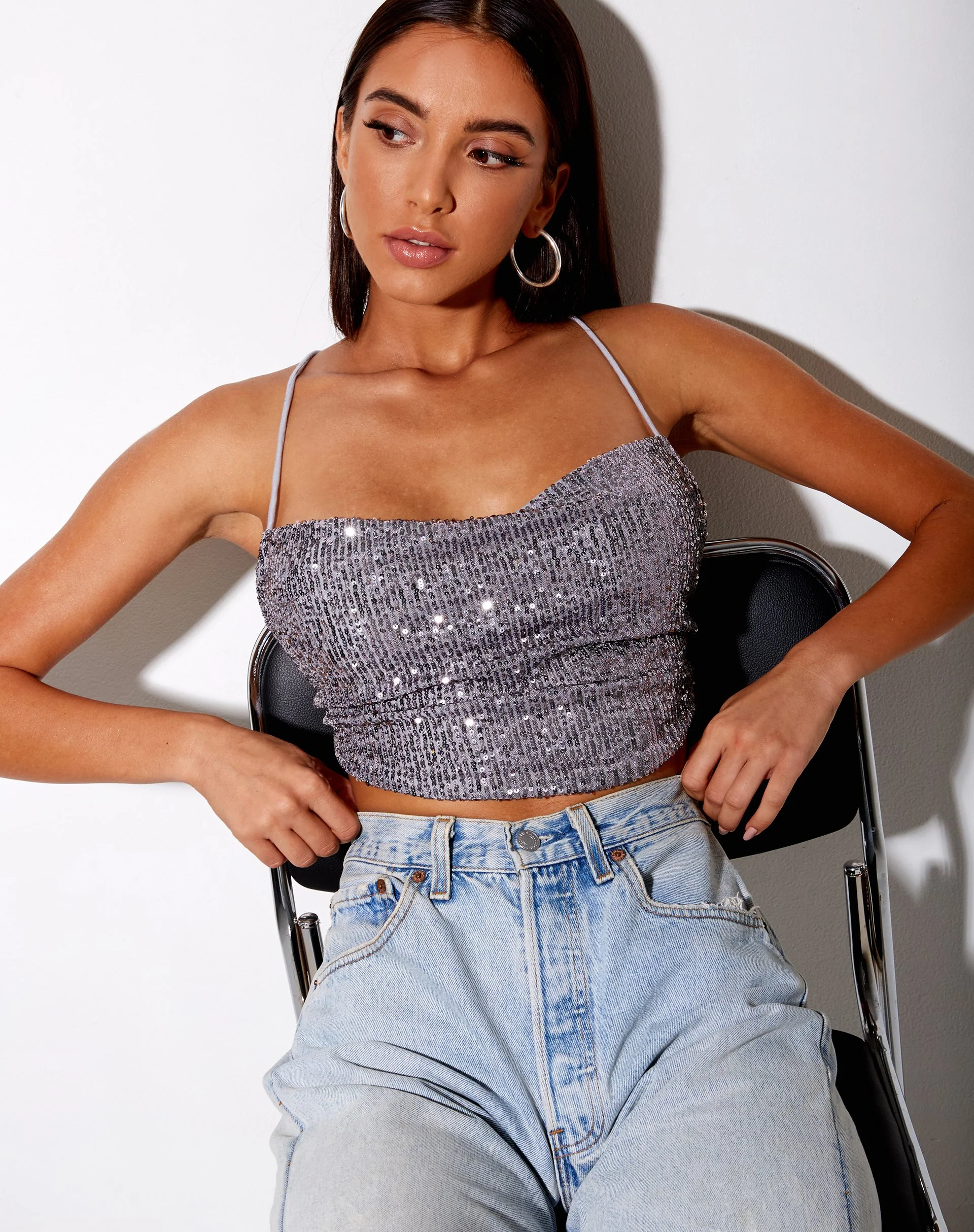 Laxmi Crop Top aus Drape Pailletten Silber - Image 4