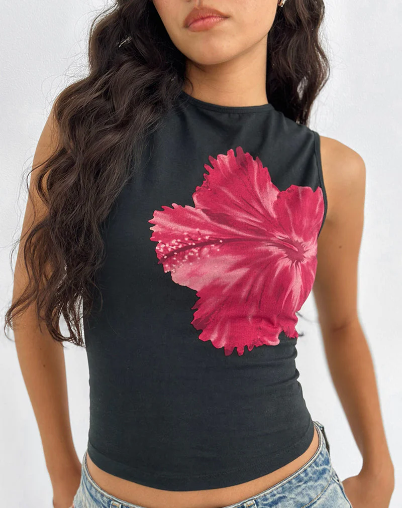 Leen Top in Schwarz Hibiskusblüte Rosa - Image 2