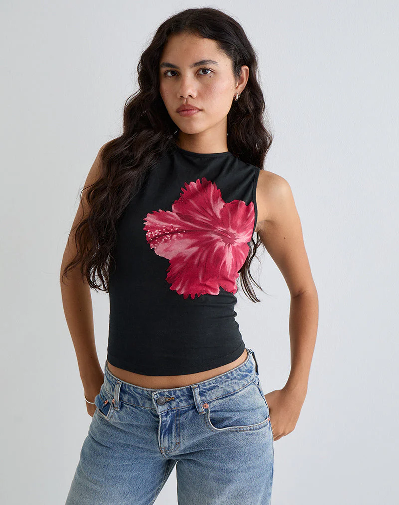 Leen Top in Schwarz Hibiskusblüte Rosa - Image 4