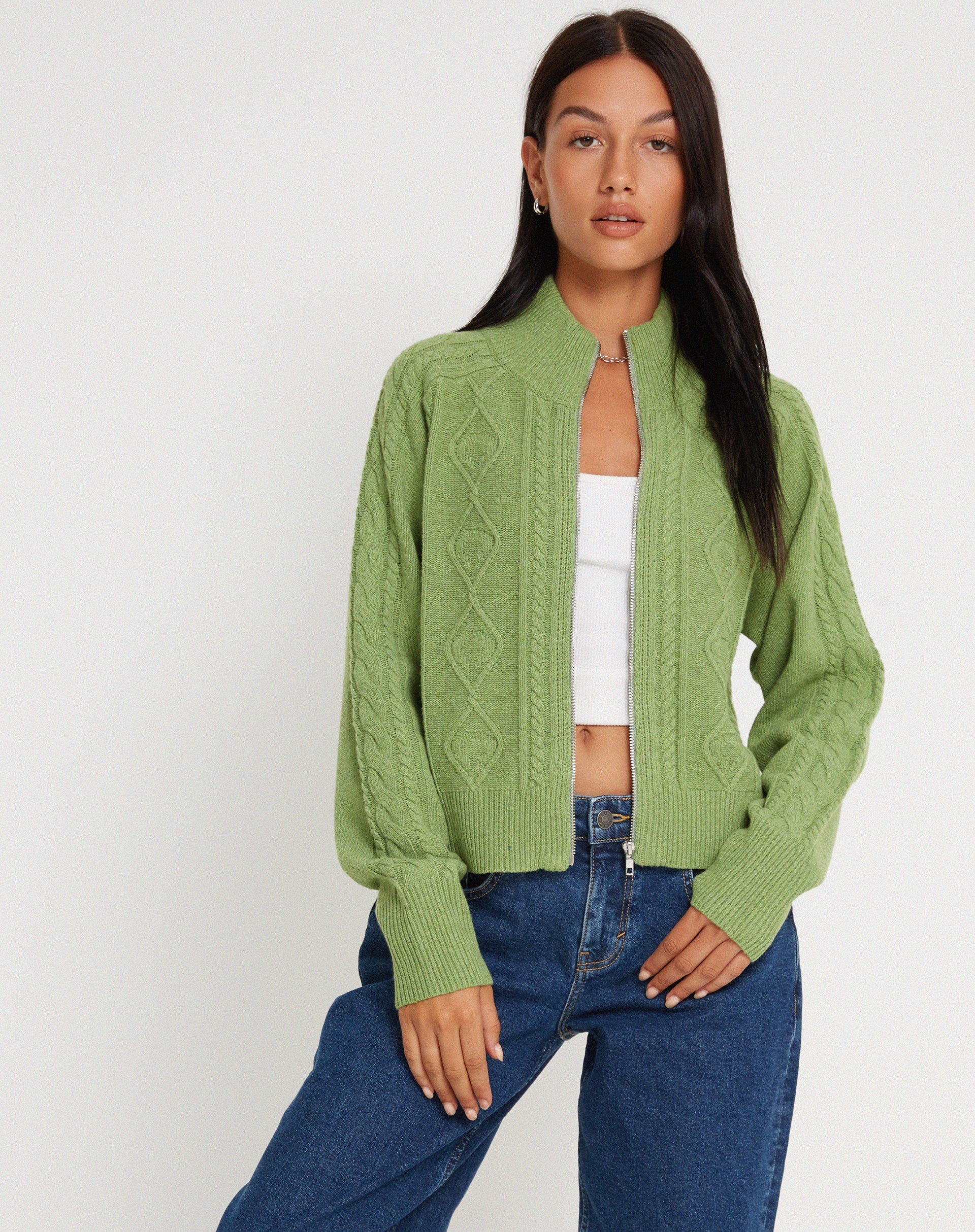 Lemila Gestrickte Zip Up Jacke in Moosgrün