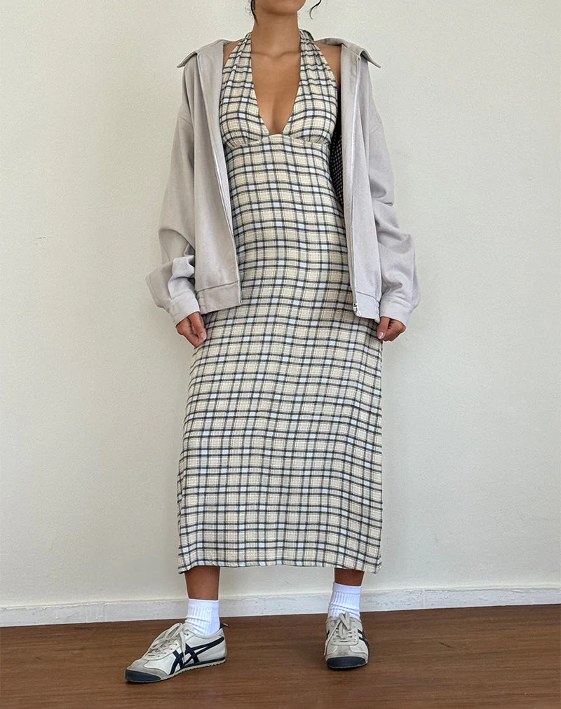 Lenata Midikleid mit Neckholder aus pastellblauem Tartan - Image 3