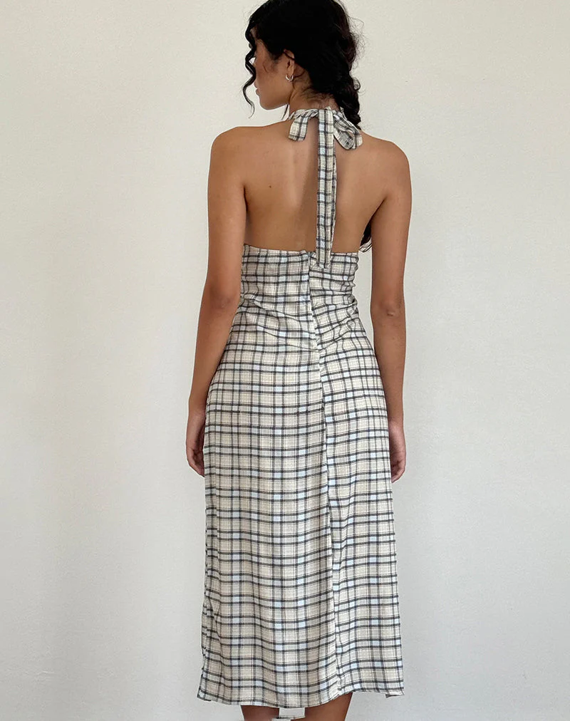 Lenata Midikleid mit Neckholder aus pastellblauem Tartan - Image 4