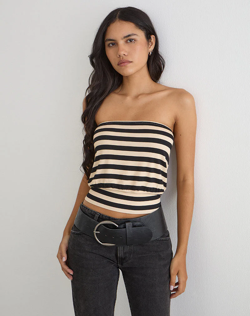 Leocadia Bandeau-Top aus Cupro mit Streifen in Schwarz und Elfenbein - Image 2