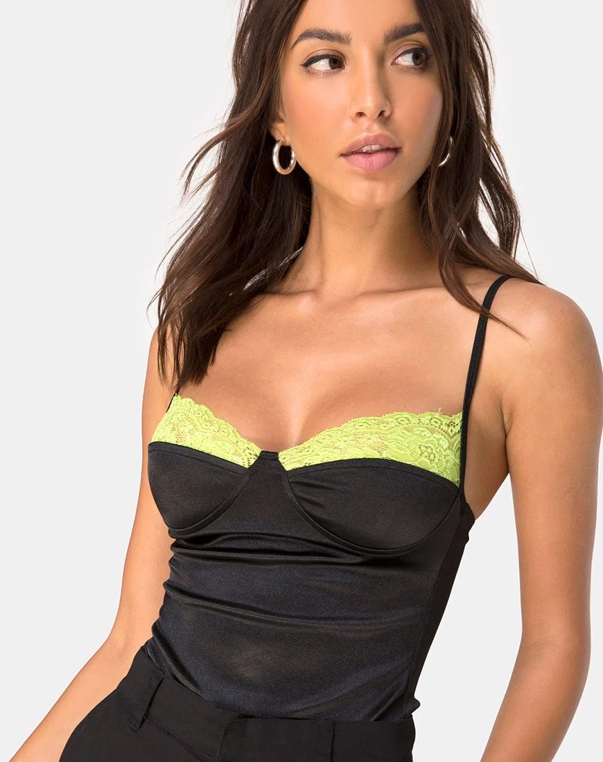 Letta Mieder aus schwarzem Satin mit limonenfarbener Spitze - Image 5