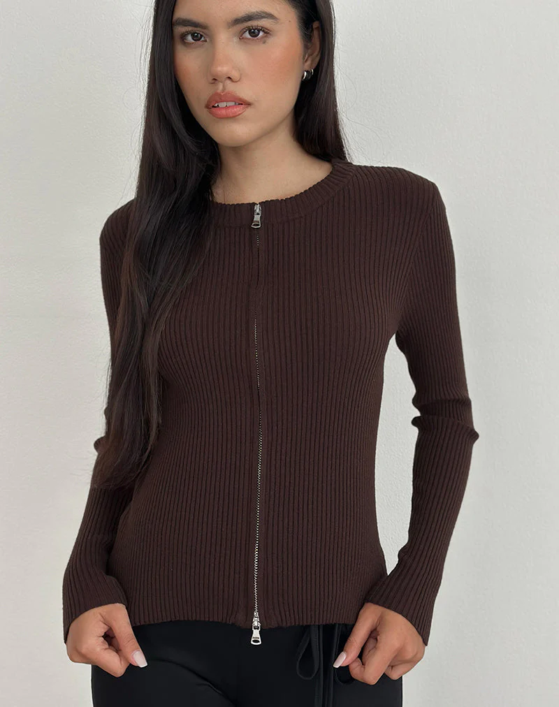 Liano Zip-Cardigan aus Rippenstrick Braun