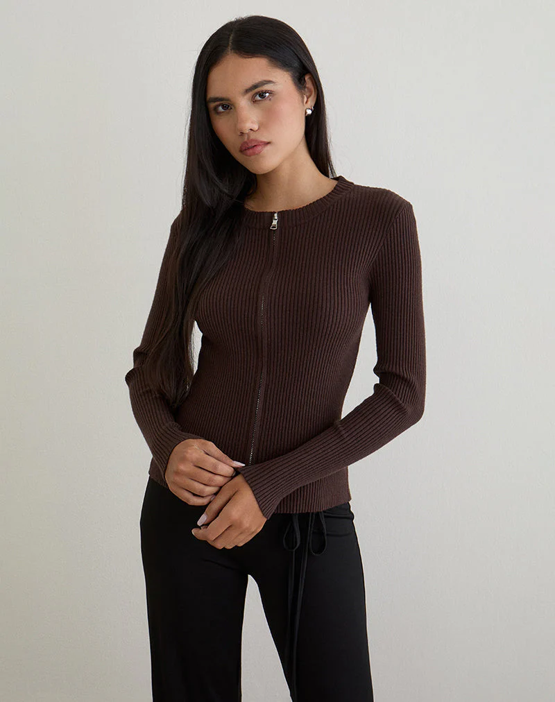 Liano Zip-Cardigan aus Rippenstrick Braun - Image 3