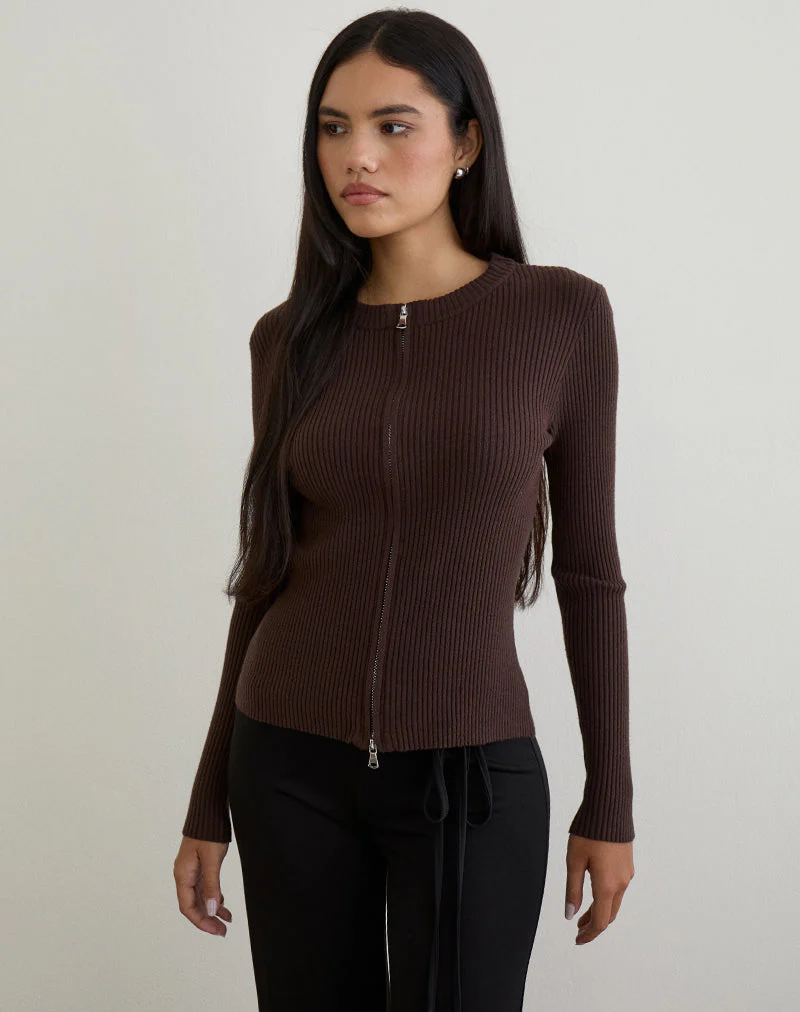 Liano Zip-Cardigan aus Rippenstrick Braun - Image 4