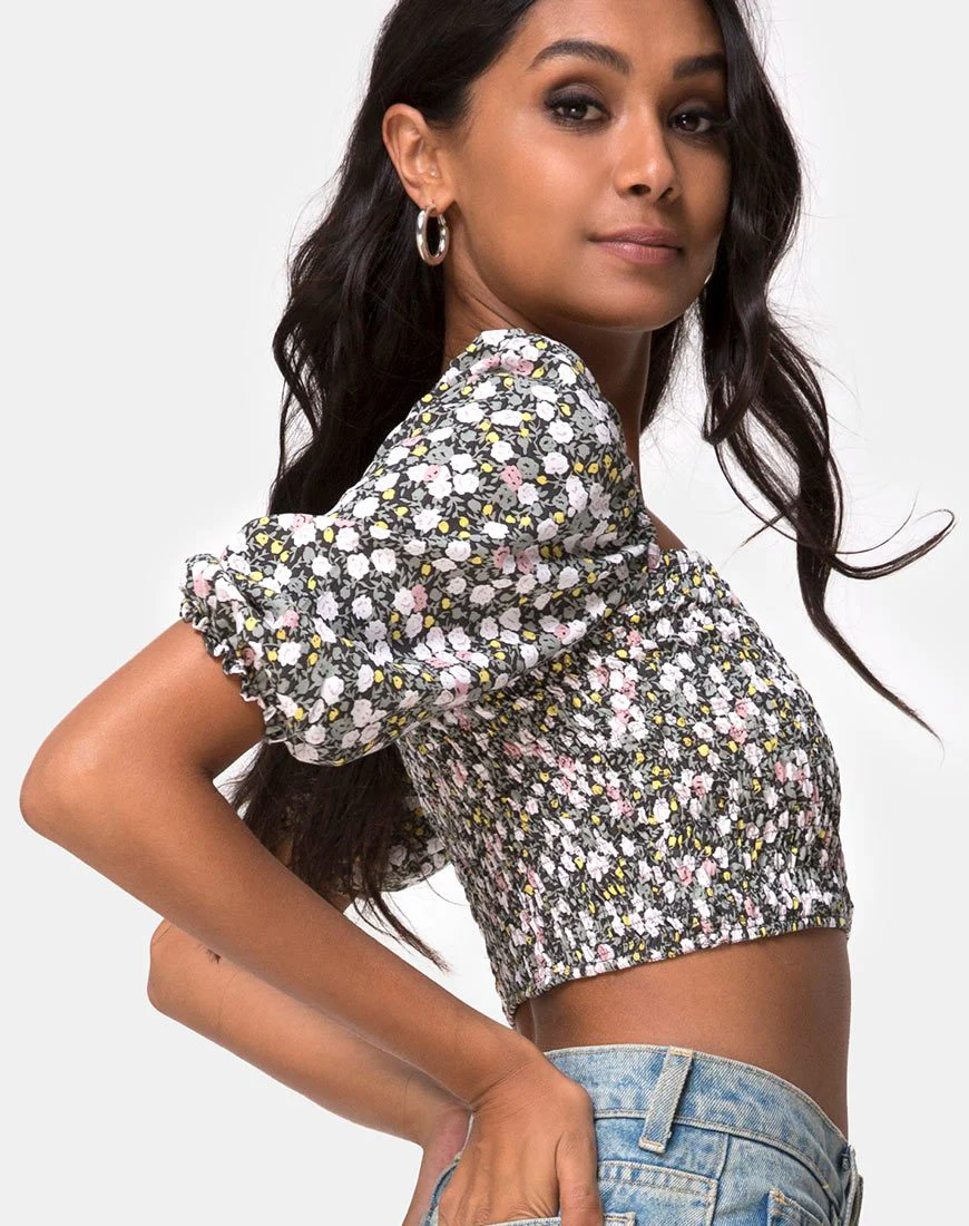 Lilian Crop Top in Floral Field Olive - Image 3
