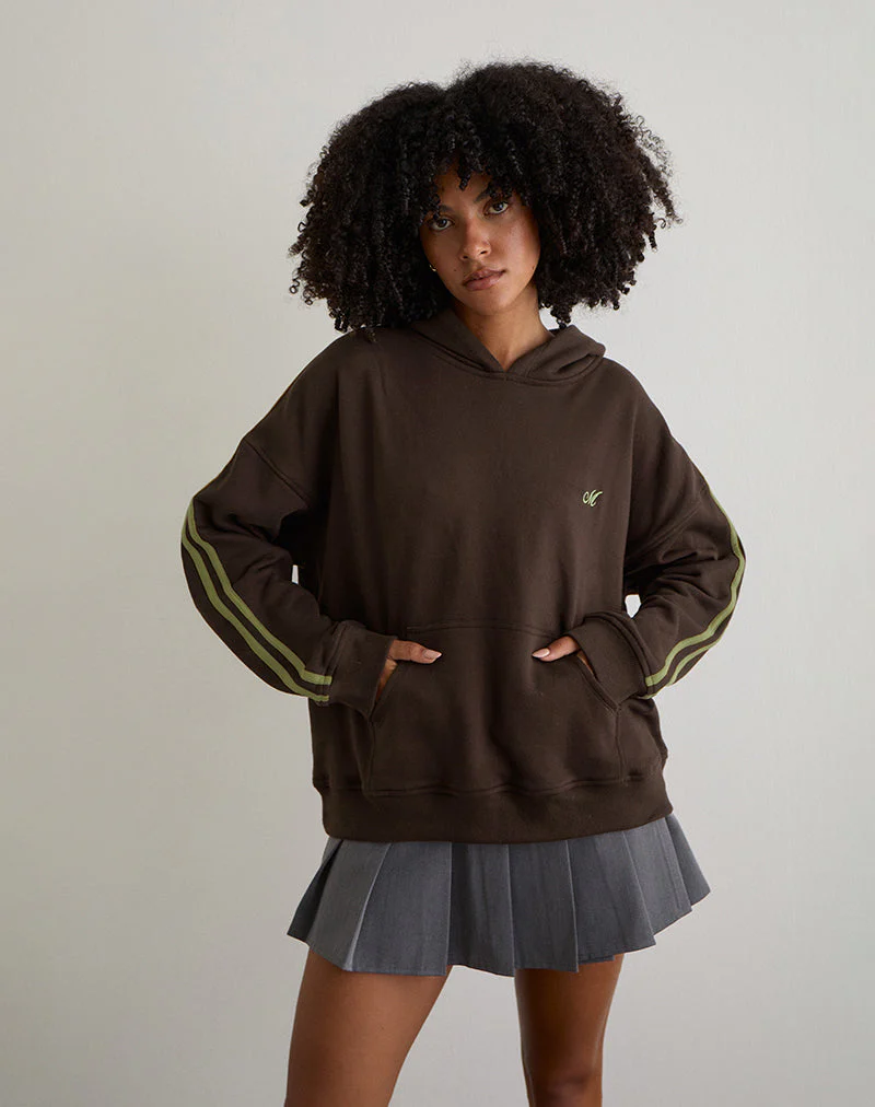 Lingwu Hoodie in Bitterschokolade mit grünem Einband und M-Stickerei