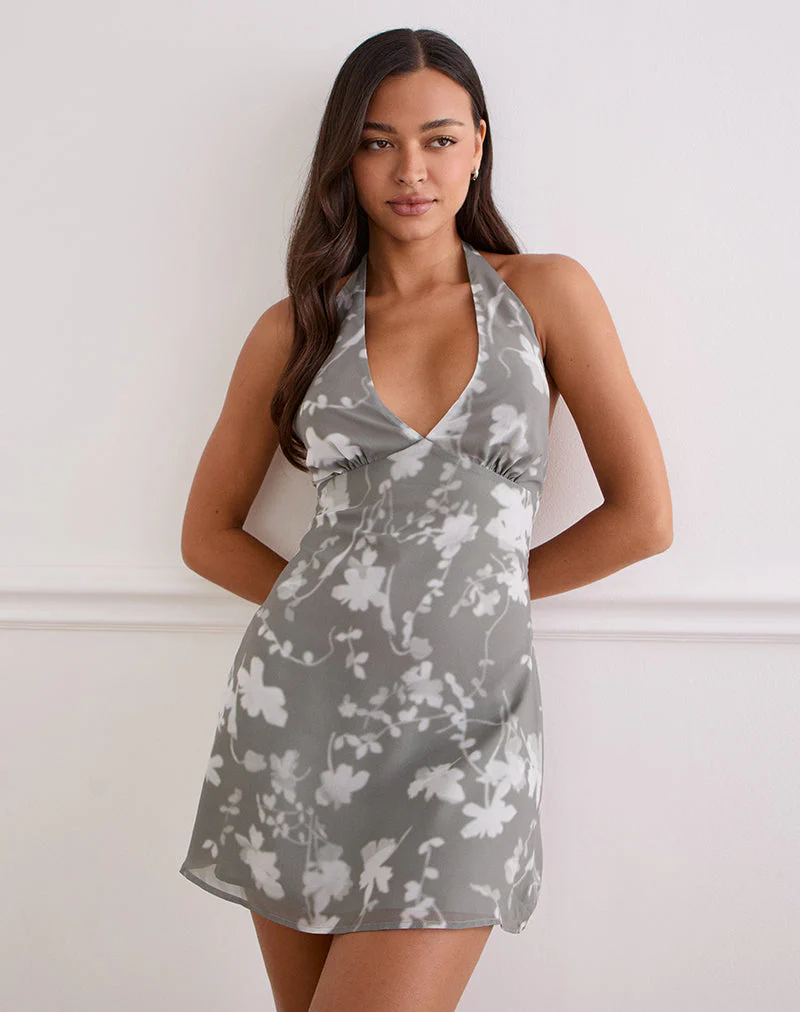 Liri Mini-Kleid mit Neckholder aus verschwommenem Floral Grau