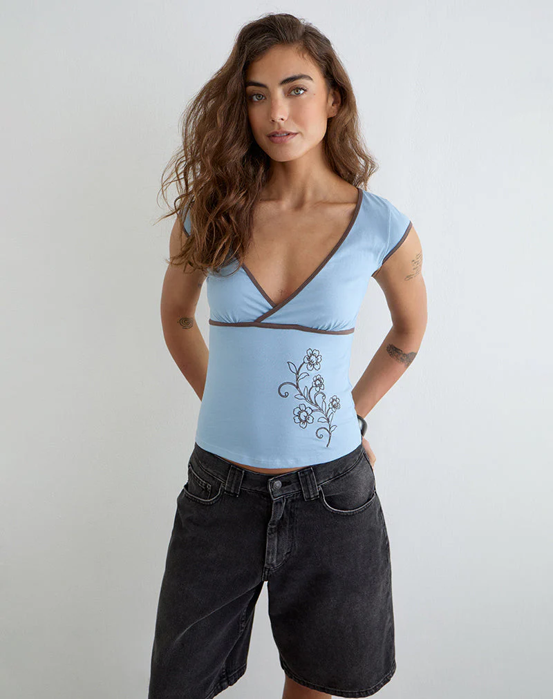 Liuvia Top in Nantucket Blue with Coffee Quartz Binding and Flower Embroidery
