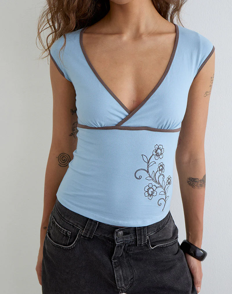 Liuvia Top in Nantucket Blue with Coffee Quartz Binding and Flower Embroidery - Image 2