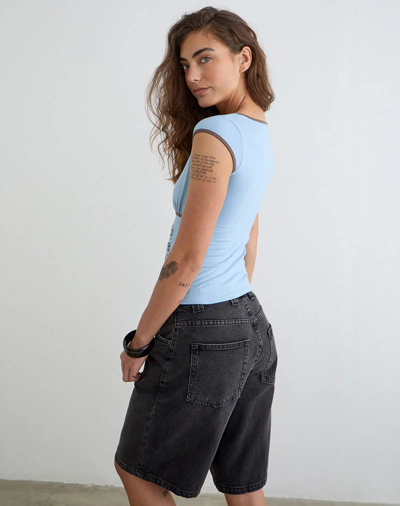 Liuvia Top in Nantucket Blue with Coffee Quartz Binding and Flower Embroidery - Image 5
