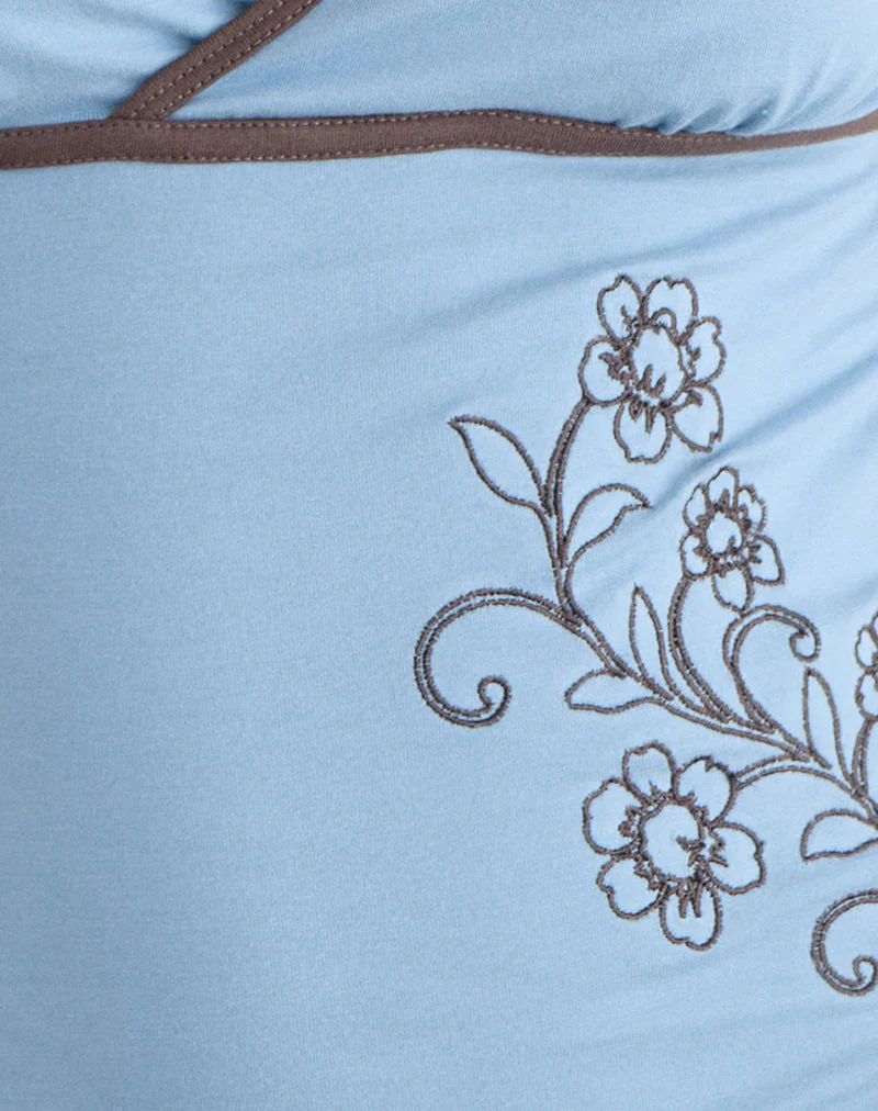 Liuvia Top in Nantucket Blue with Coffee Quartz Binding and Flower Embroidery - Image 6