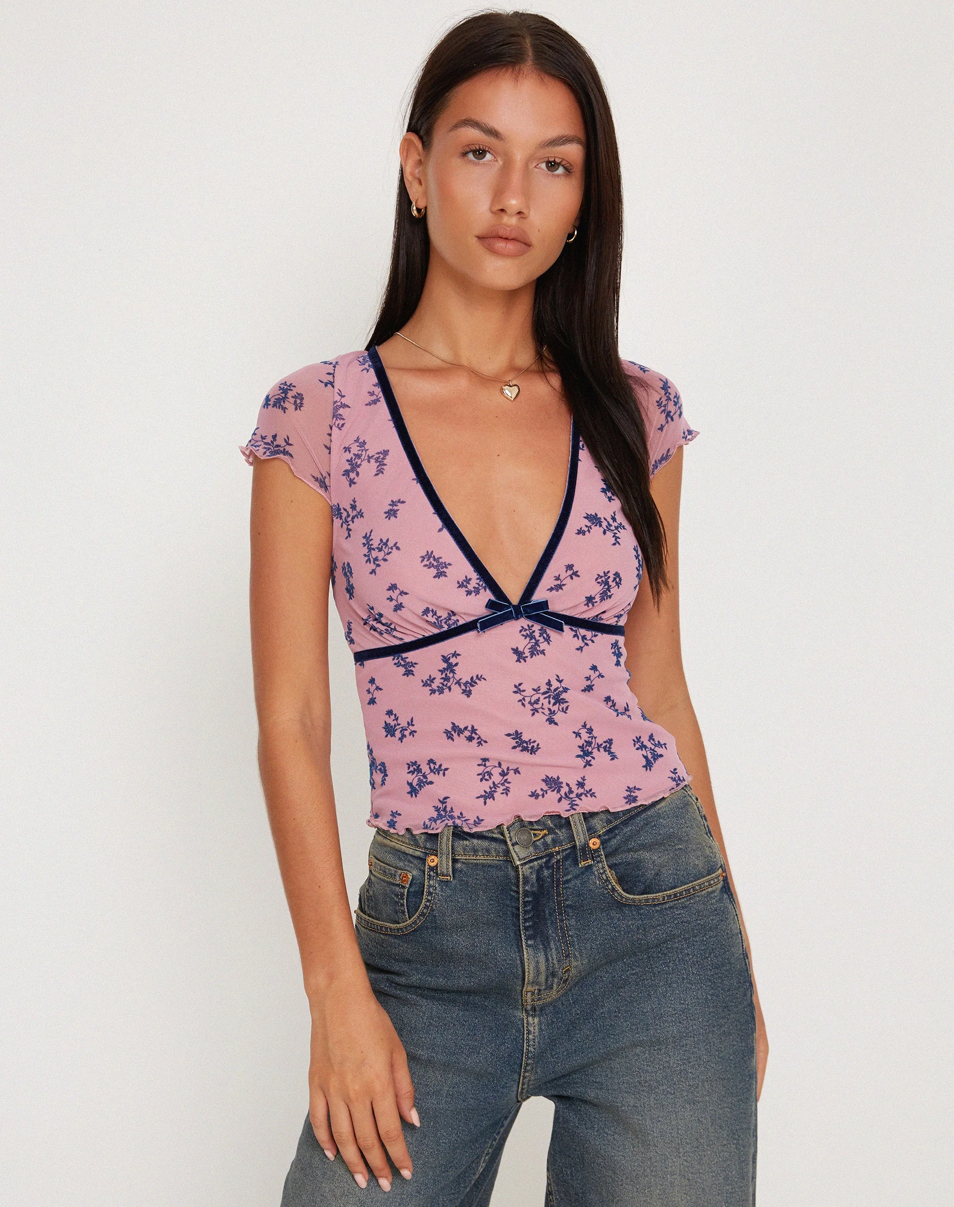 Livi Mesh Top in Pink und Navy mit Botanik-Beflockung - Image 2