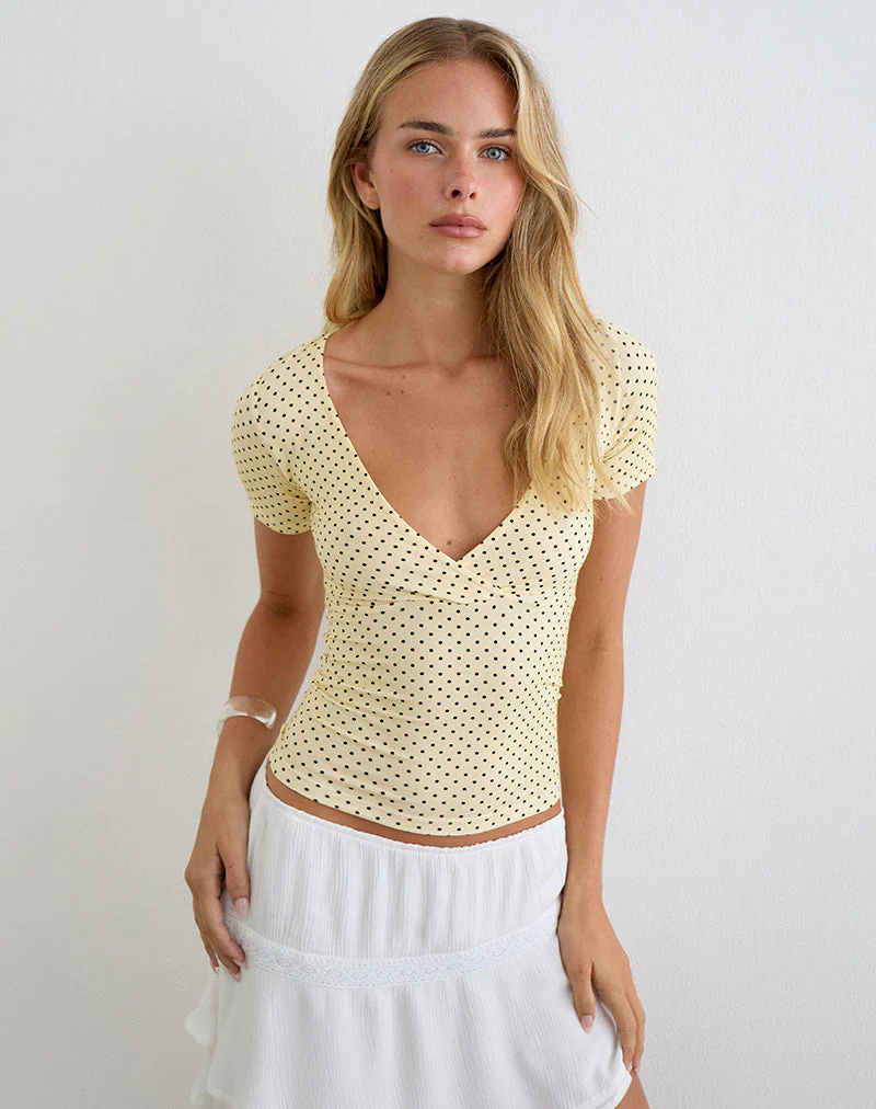 Lobos Crossover Top in Butter Yellow with Micro Polka Dots - Image 5