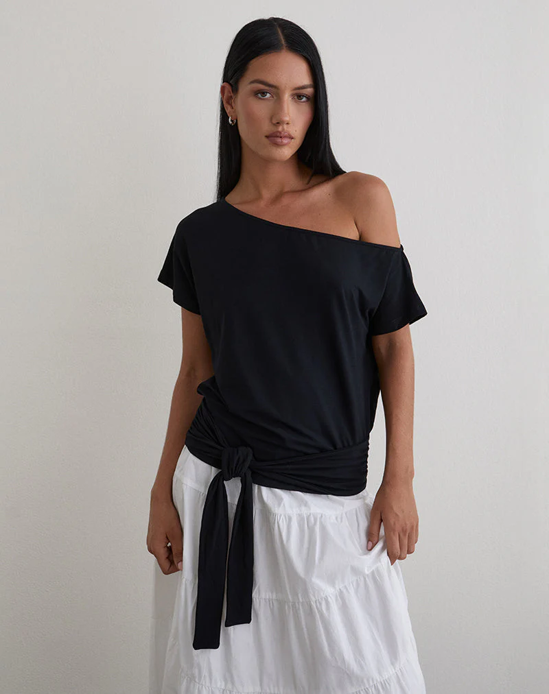 Lola Top mit Bindegürtel aus Rayon-Jersey, schwarz - Image 2