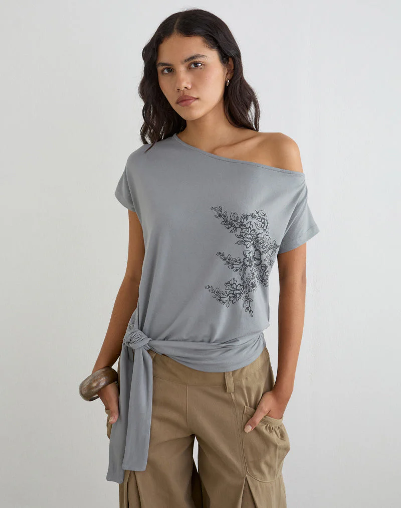Lola Tie Waist Top in Artistic Floral Grey