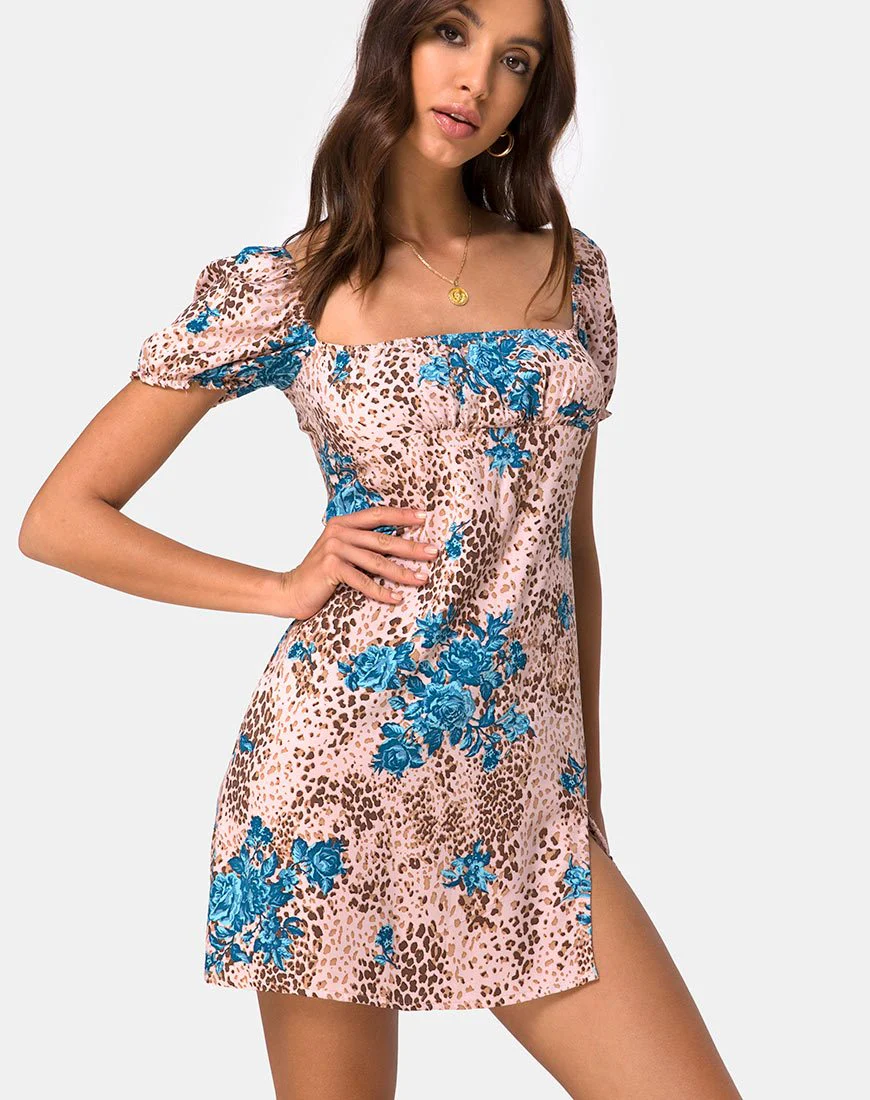 Lonma Minikleid in Dschungelblume Blau Creme