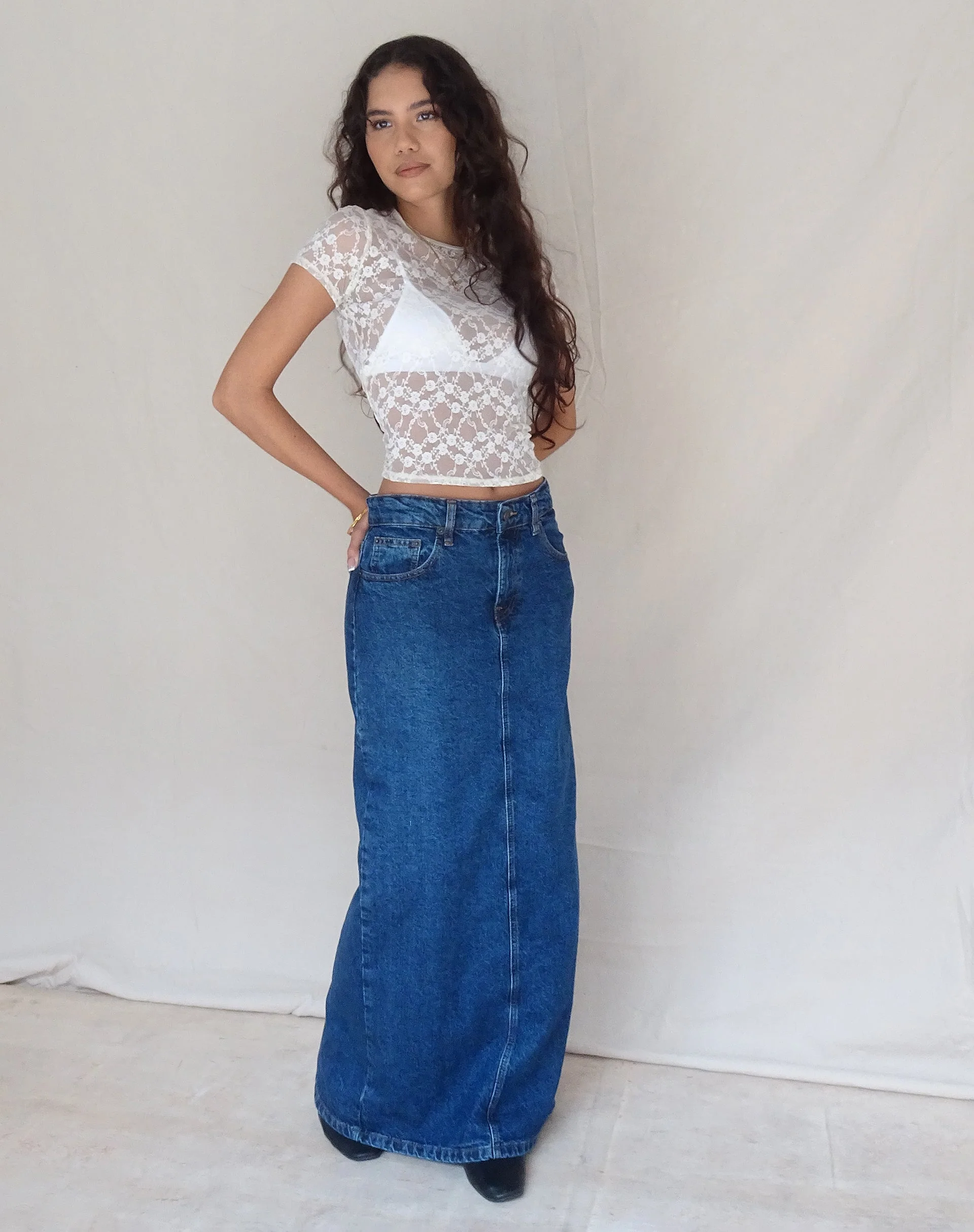 Niedrig geschnittener Denim-Maxirock in Mittelblau Gebraucht - Image 4