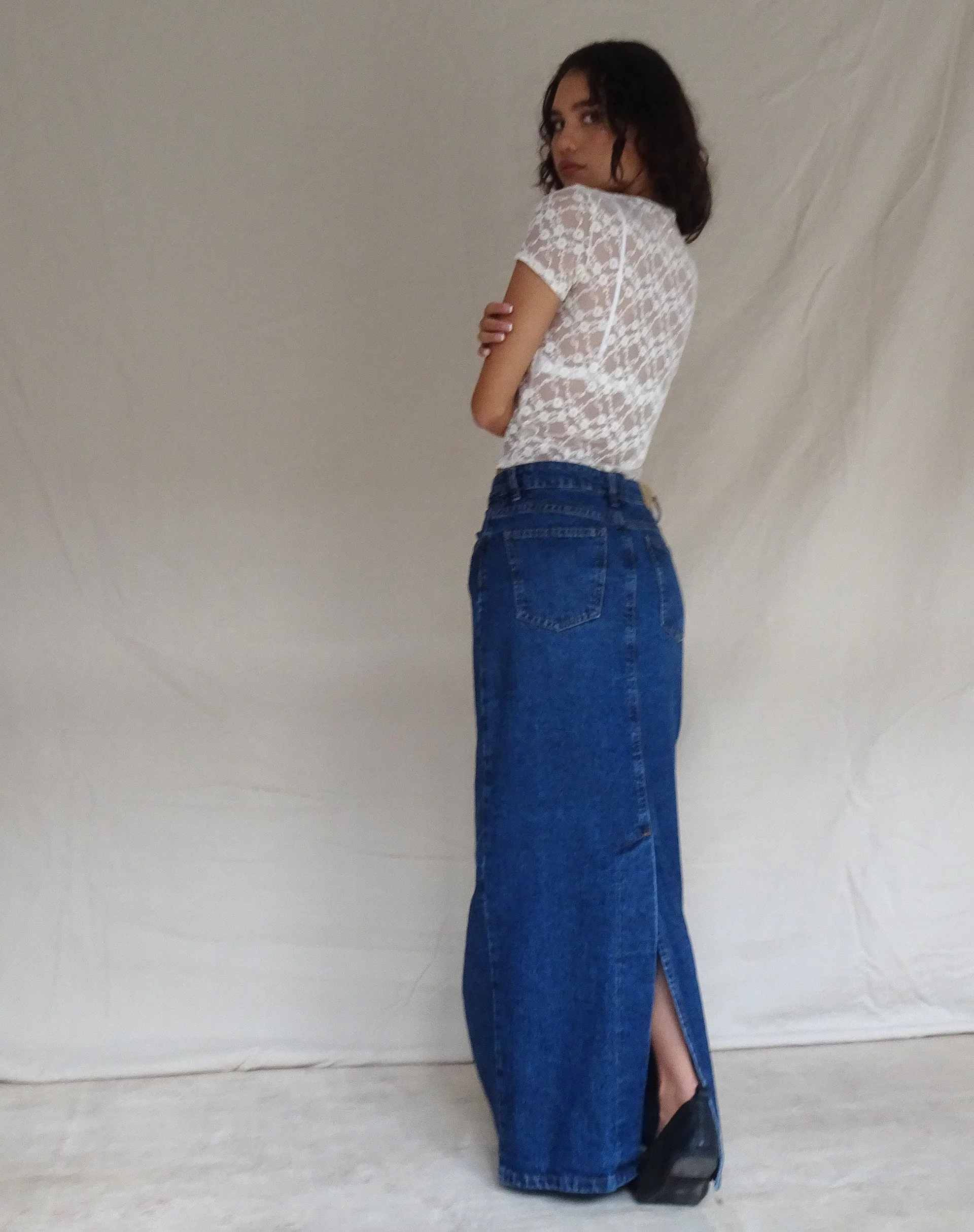 Niedrig geschnittener Denim-Maxirock in Mittelblau Gebraucht - Image 5