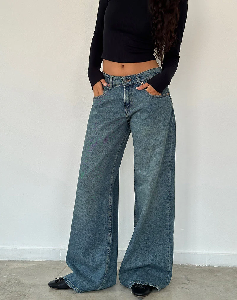 Geräumige Oversized Low Rise Jeans in Vintage Blau Grün - Image 2