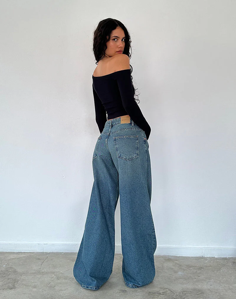 Geräumige Oversized Low Rise Jeans in Vintage Blau Grün - Image 3