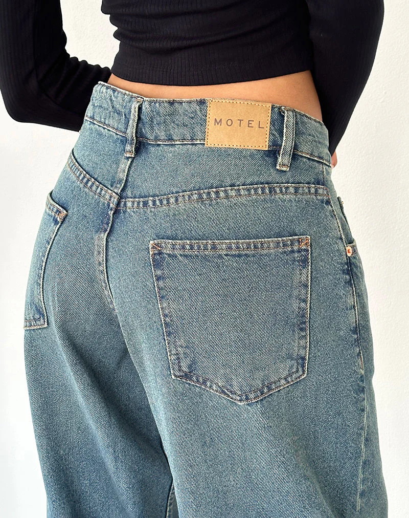 Geräumige Oversized Low Rise Jeans in Vintage Blau Grün - Image 5