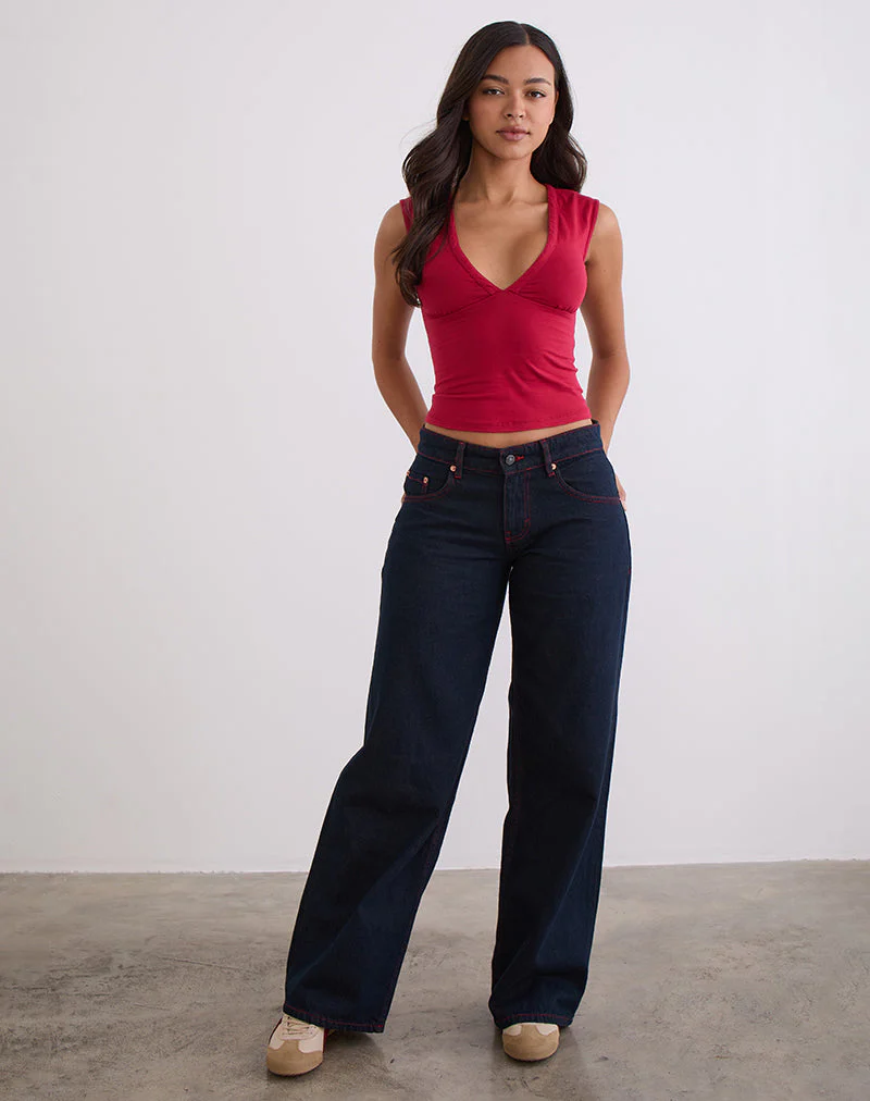 Geräumige Low Rise Jeans in Indigo mit roten Nähten - Image 3