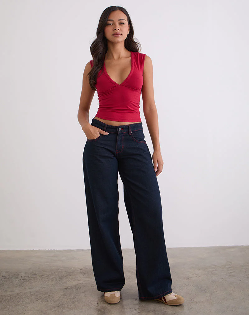 Geräumige Low Rise Jeans in Indigo mit roten Nähten - Image 5