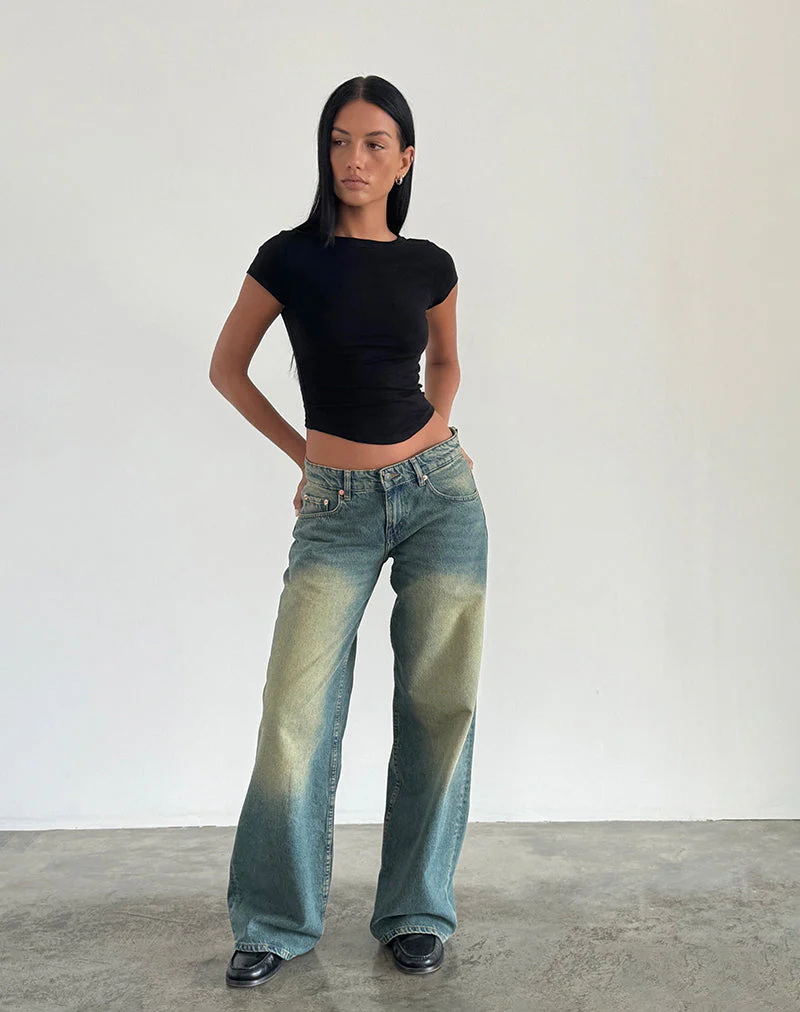 Geräumige extra weite Low Rise Jeans in Mid Used Grün - Image 2