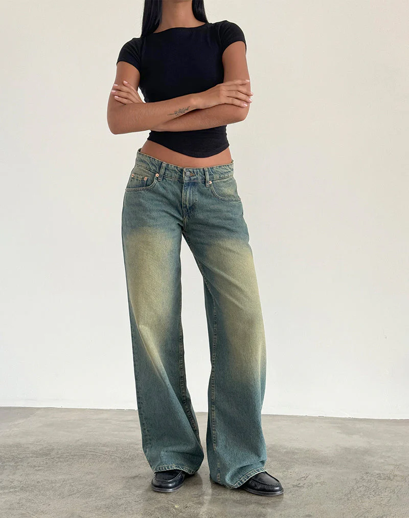 Geräumige extra weite Low Rise Jeans in Mid Used Grün - Image 3