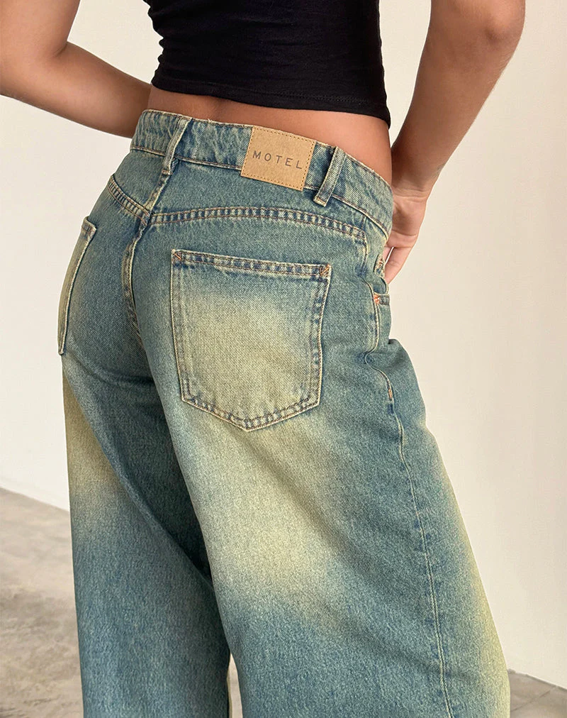 Geräumige extra weite Low Rise Jeans in Mid Used Grün - Image 5