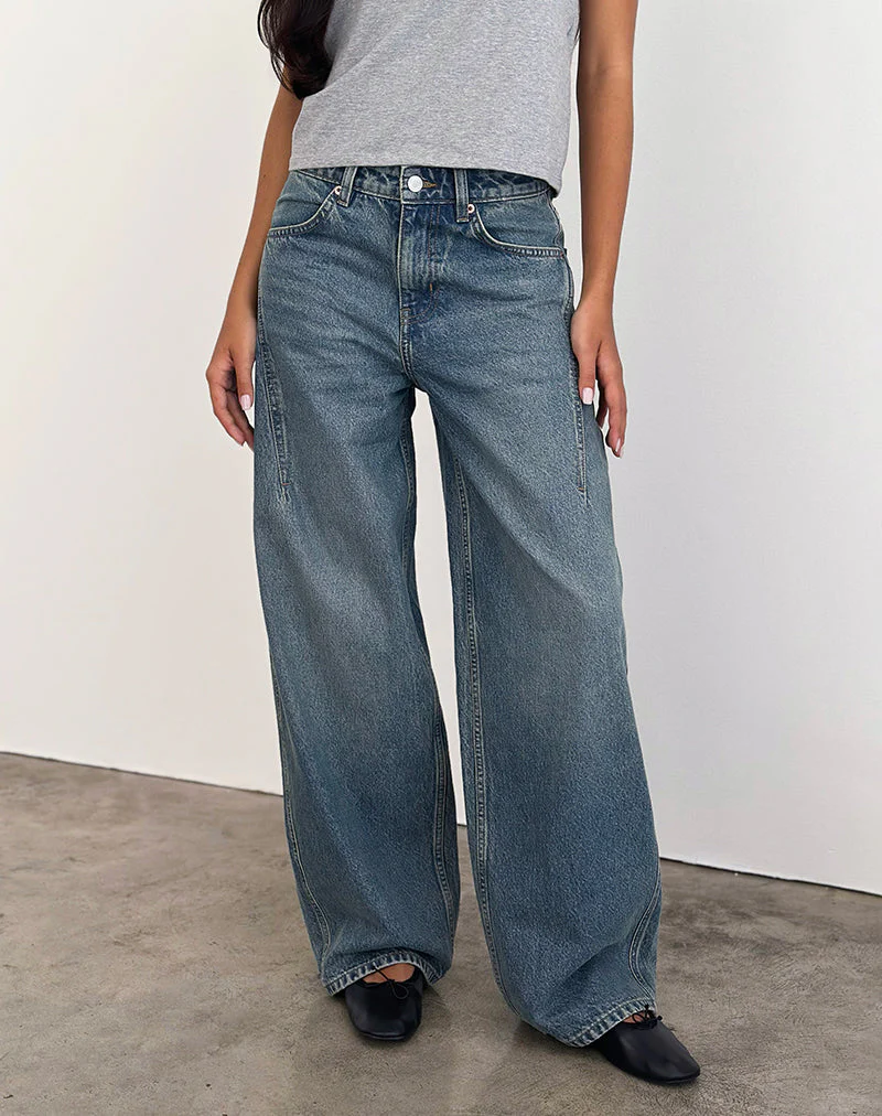 Niedrig geschnittene, geräumige Jeans in Vintage Blau Grün