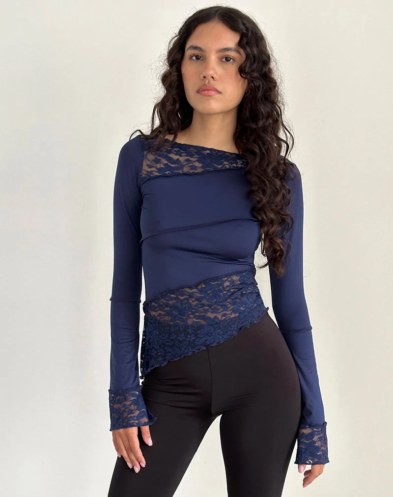 Langärmeliges Lucca-Top aus glitzernder Spitze in Marineblau