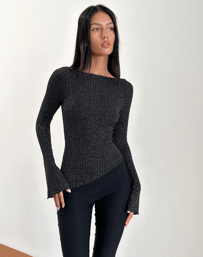 Lukia Langarm-Top aus metallisch gestreiftem Jersey Schwarz - Image 2